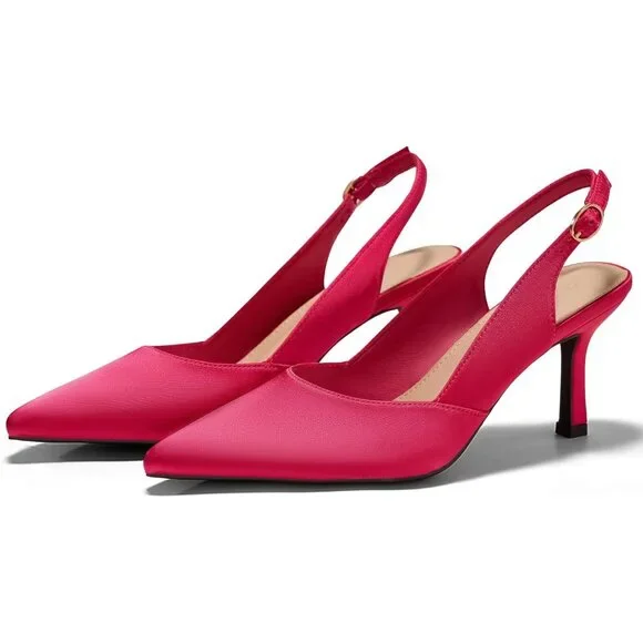 Women's Satin Pink  Faux Leather Pointed Toe Slingback Stylish Buckle Pump Shoes - Picture 3 of 6